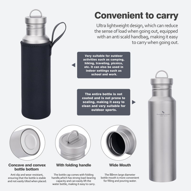 usharedo Outdoor 750ml Titanium Sports Bottle with Lid Flask Wide Mouth Water Bottle Canteen Drinking Bottle for Camping Cycling Hiking Ti3253d - Image 4